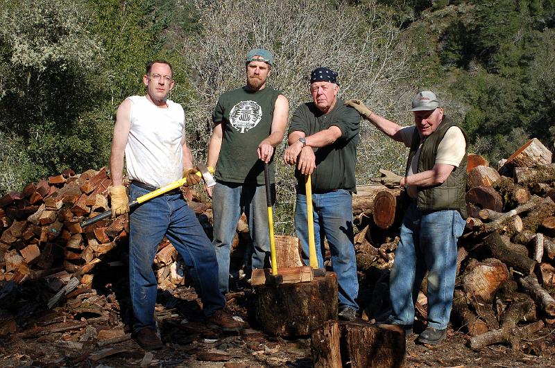 Group Poses With Axes.jpg - (L-R): Steven Graham, Ken Henry, Lawrence Summers and Bruce Raby with the axes that will be used for splitting large pieces into firewood.